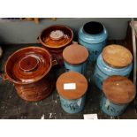 Collection of 5 pottery condiment barrels, 4 with