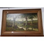 Large oil on canvas of a landscape river & woodlan