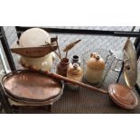 Wire work basket, copper bed pan, earthenware jars