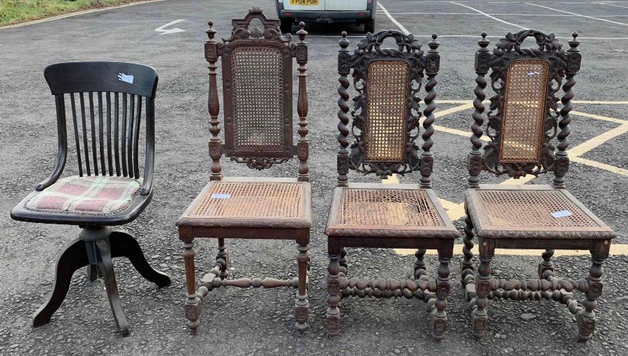 Vintage revolving office chair & 3 carved oak rush