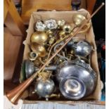 Collection of metalware to include brass candlesti