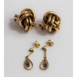 A pair of large knot earrings, 2.3cm, marked '9kt'