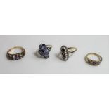 A 9ct gold sapphire three stone dress ring, with d