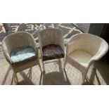 3 white painted Lloyd Loom style armchairs