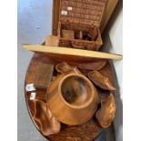 Collection of treen items, pond yachts, wicker bas