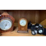 Oak cased barometer, Edwardian mantel clock & ligh