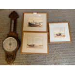 Oak cased barometer along with 3 framed Nautical w