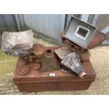 Large tin trunk, scales & weights & cast iron hopp