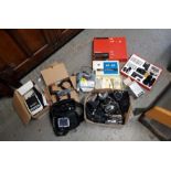 2 shelves of camera equipment and electronics incl