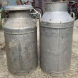 2 aluminium milk churns, 1 without a lid