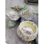 2 reconstituted stone urn planters, bird bath & a