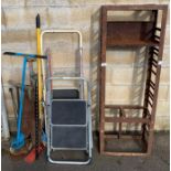 Collection of hand tools, step ladders, hair pin l