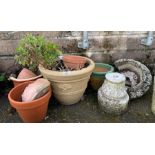 Various plant pots including terracotta, glazed &