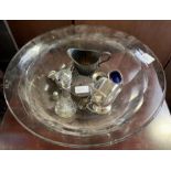 Glass bowl to include collectables, silver capped