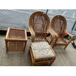 Pair of bamboo wicker armchairs along with a coffe