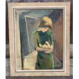 A mid century oil on board of a girl holding a chi