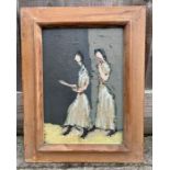 A mid century oil on board of two standing ladies,