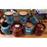 Collection of glazed condiment barrels along with