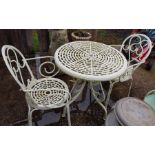 Painted metal bistro table along with 2 chairs