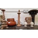 Turned wooden bowls, decorative candlesticks, wall
