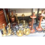 Copper & brassware to include candlesticks, pewter