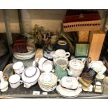 Ceramics, glassware, wicker basket, motorbike glov