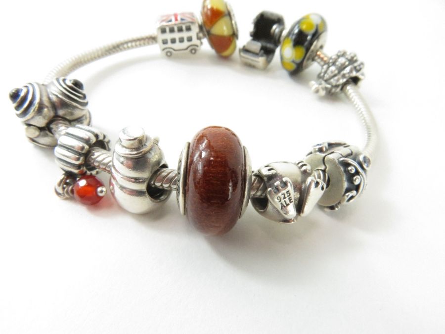 Pandora; a silver bracelet with three glass beads, - Image 3 of 5