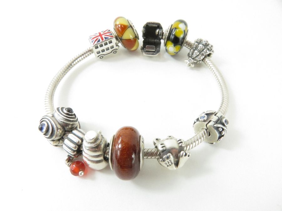 Pandora; a silver bracelet with three glass beads, - Image 2 of 5