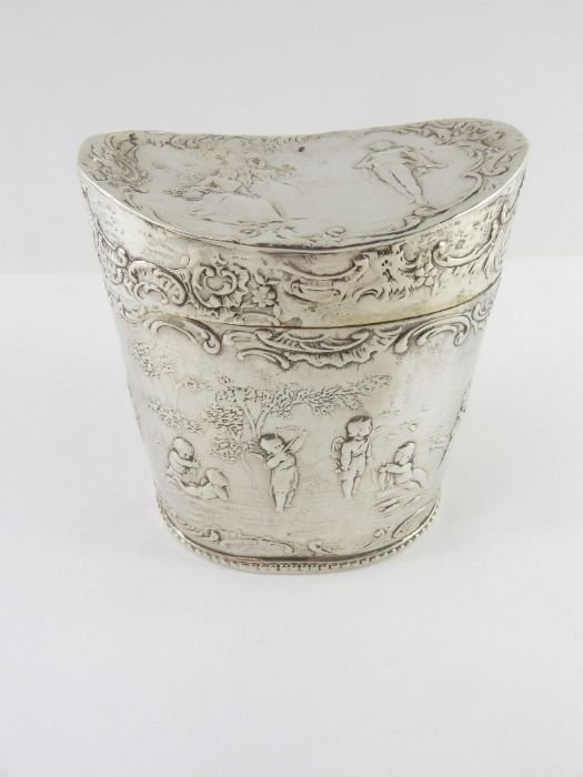 A continental silver coloured tea caddy, with pseu