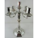 A Christofle silver plated five light candelabra,