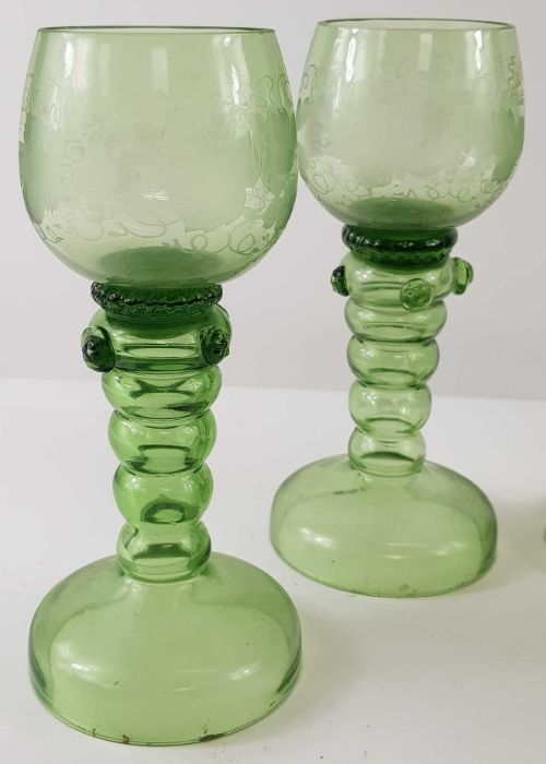 A set of four green glass goblets, the bowls with - Image 2 of 4