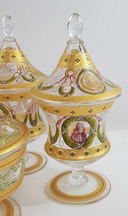 Four footed glass jars with covers, decorated thro - Image 4 of 4