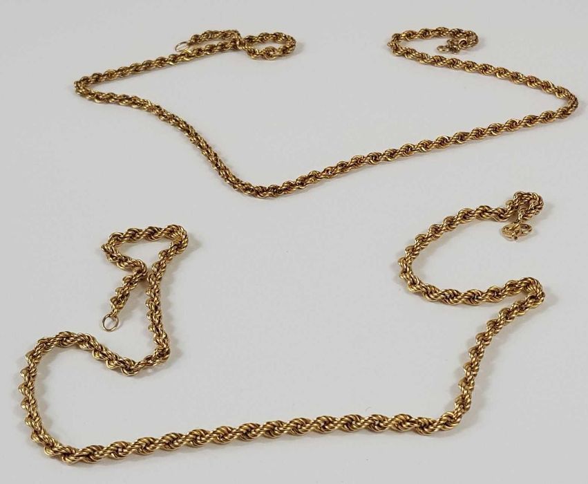 Two 9ct gold hollow rope chains, 12.81g gross