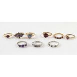Seven 9ct gold rings set with various gemstones, 9