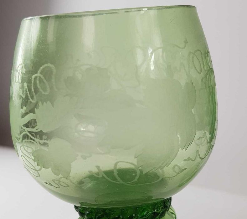 A set of four green glass goblets, the bowls with - Image 3 of 4