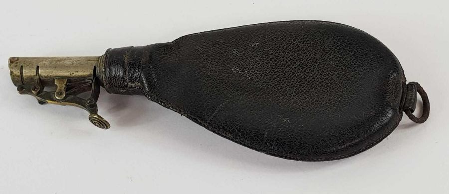 A Victorian shot flask, the leather pear shaped ba