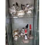 2 shelves of silver plated items to include teapot