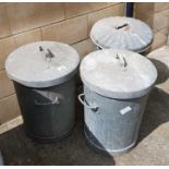 3 galvanised waste bins with lids