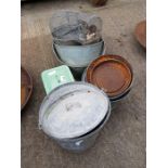 Galvanised bowls, buckets, wash tub and enamel bre