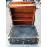 Oak bookcase along with a "Victor" luggage trunk