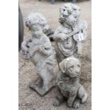 2 reconstituted stone figures of children playing