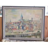 Impressionist style oil on board town scene with cathedral in backgrou