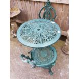 Green painted wrought iron bistro table & 2 chairs