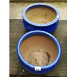 2 large round blue glazed plant pots