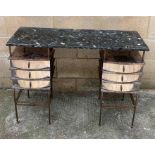 A Brutalist metal desk with marble top, 38cm deep, 7