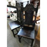 Pair of decorative carved oak hall chairs