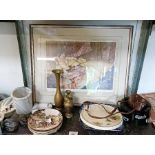 Collectors plates, a signed print, brass vases & o