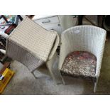 2 white painted Lloyd loom style chairs along with