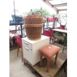 Two wicker log baskets, stool & filing cabinet