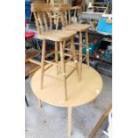 Round Beech Dining Table and 2 Pine barstools